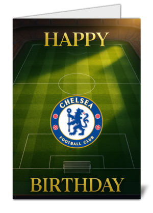 chelsea fan football pitch themed happy birthday card   high quality gloss birthday card 793 | uk wide print