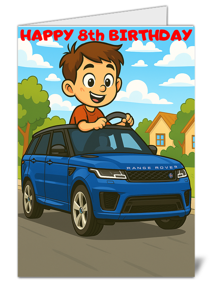 Range rover car boys themed happy 8th birthday card 3-8 range rover car boys themed happy 8th birthday card high quality gloss birthday card 3 8 | uk wide print