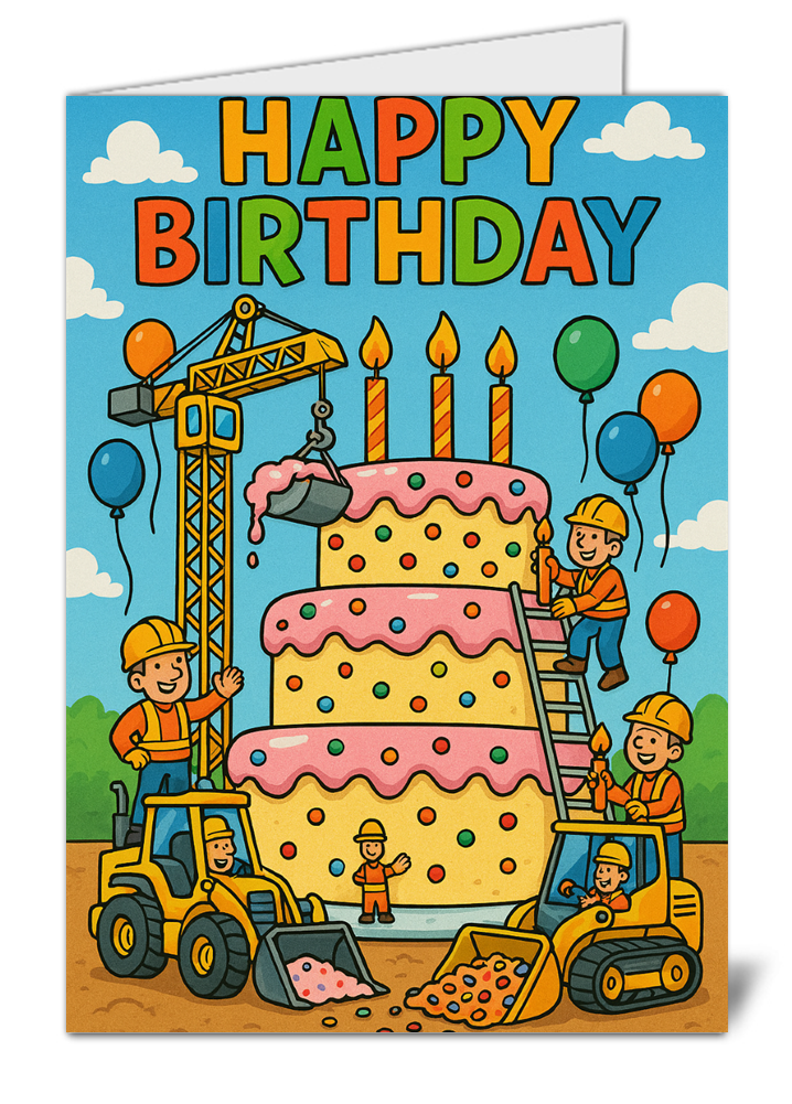 construction cake kids themed happy birthday card   high quality gloss birthday card 25 | uk wide print