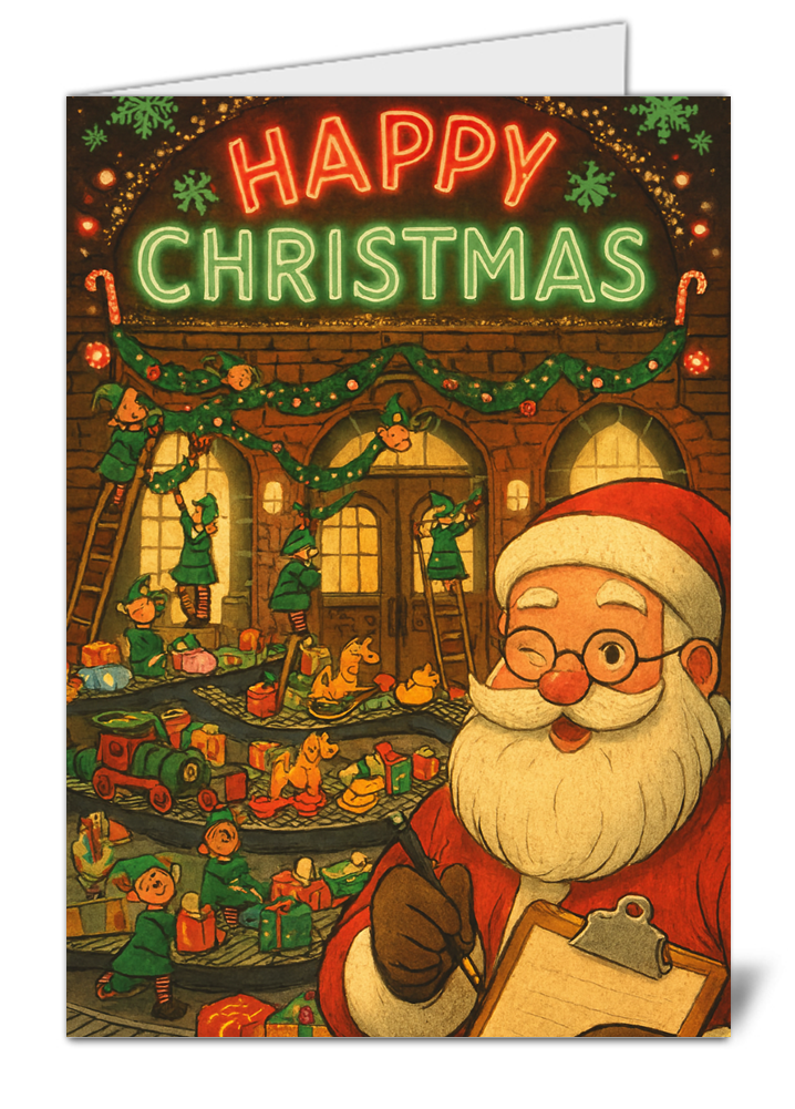 Santa & elves themed happy christmas card 476 santa elves themed happy christmas card high quality gloss festive christmas card 476 | uk wide print