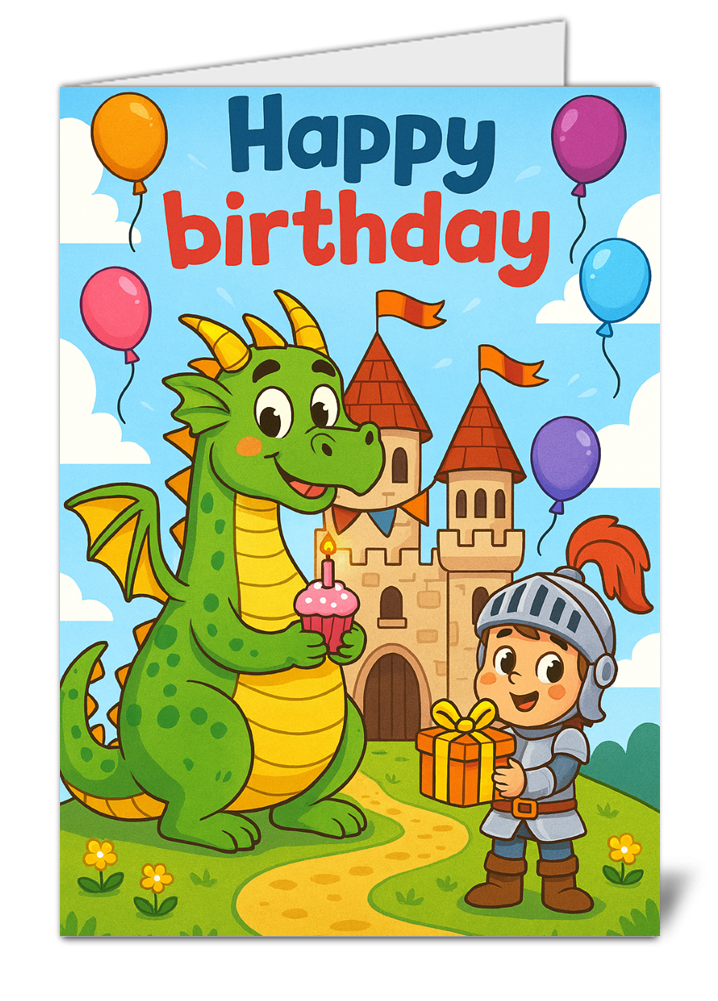 Cartoon dragon & knight themed happy birthday card 184 cartoon dragon knight themed happy birthday card high quality gloss birthday card 184 | uk wide print