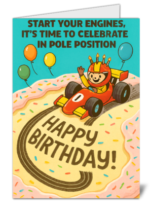 Cartoon racing themed start your engines happy birthday card 319 cartoon racing themed start your engines happy birthday card high quality gloss birthday card 319 | uk wide print