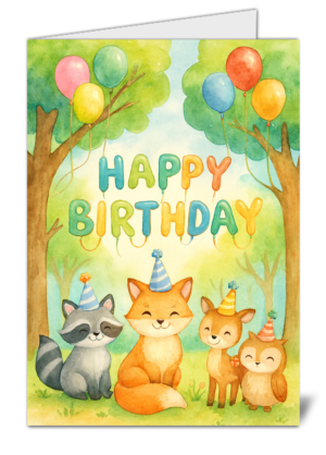woodland animal party kids themed happy birthday card  high quality gloss birthday card 391 | uk wide print