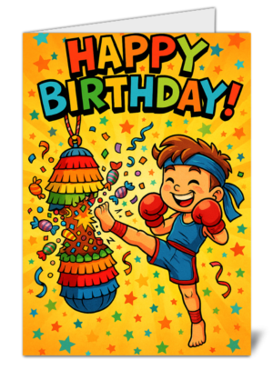 boy kickboxing pinata themed happy birthday card  high quality gloss birthday card 455 | uk wide print