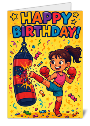 girl kickboxing pinata themed happy birthday card  high quality gloss birthday card 456 | uk wide print