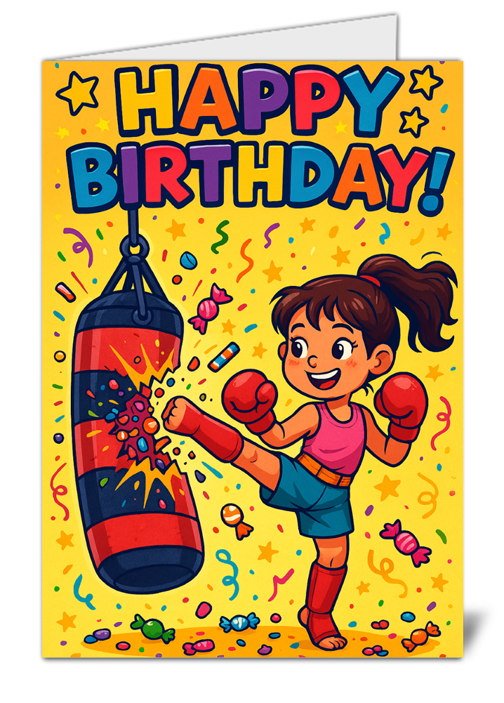 Girl kickboxing pinata themed happy birthday card 456 girl kickboxing pinata themed happy birthday card high quality gloss birthday card 456 | uk wide print