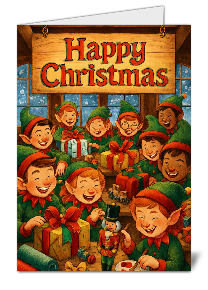 Elves themed happy christmas card 463 elves themed happy christmas card high quality gloss festive christmas card 463 | uk wide print
