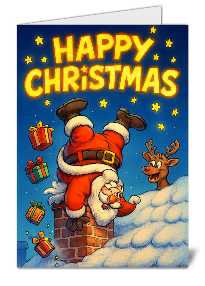 Santa claus chimney themed happy christmas card 480 santa claus chimney themed happy christmas card high quality gloss festive christmas card 480 | uk wide print