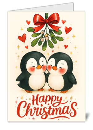 Cute Penguins Mistletoe Themed Happy Christmas Card - High Quality Gloss Festive Christmas Card 482