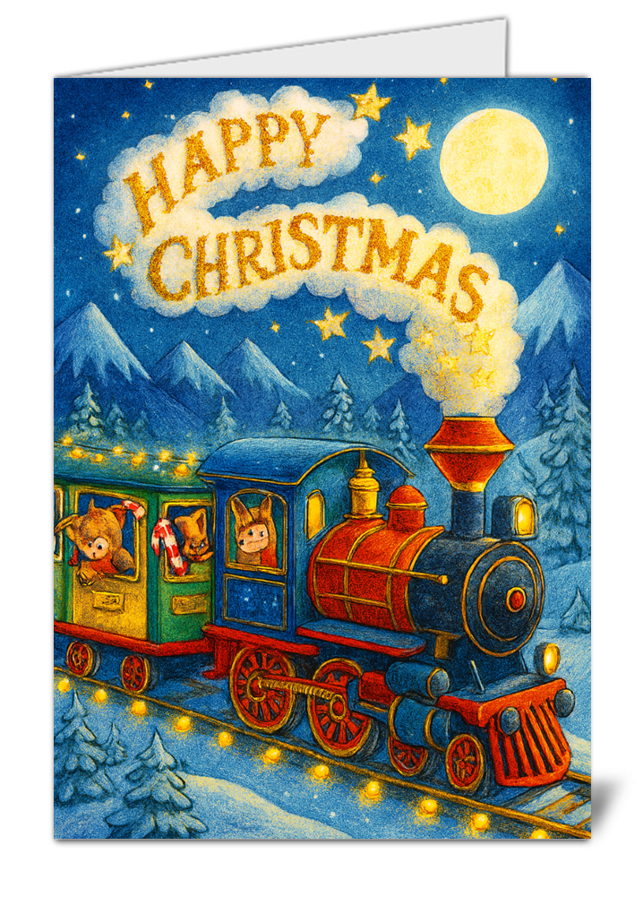 Polar express themed happy christmas card 483 polar express themed happy christmas card high quality gloss festive christmas card 483 | uk wide print