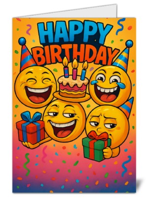 emoji party funny kids themed happy birthday card   high quality gloss birthday card 30 | uk wide print