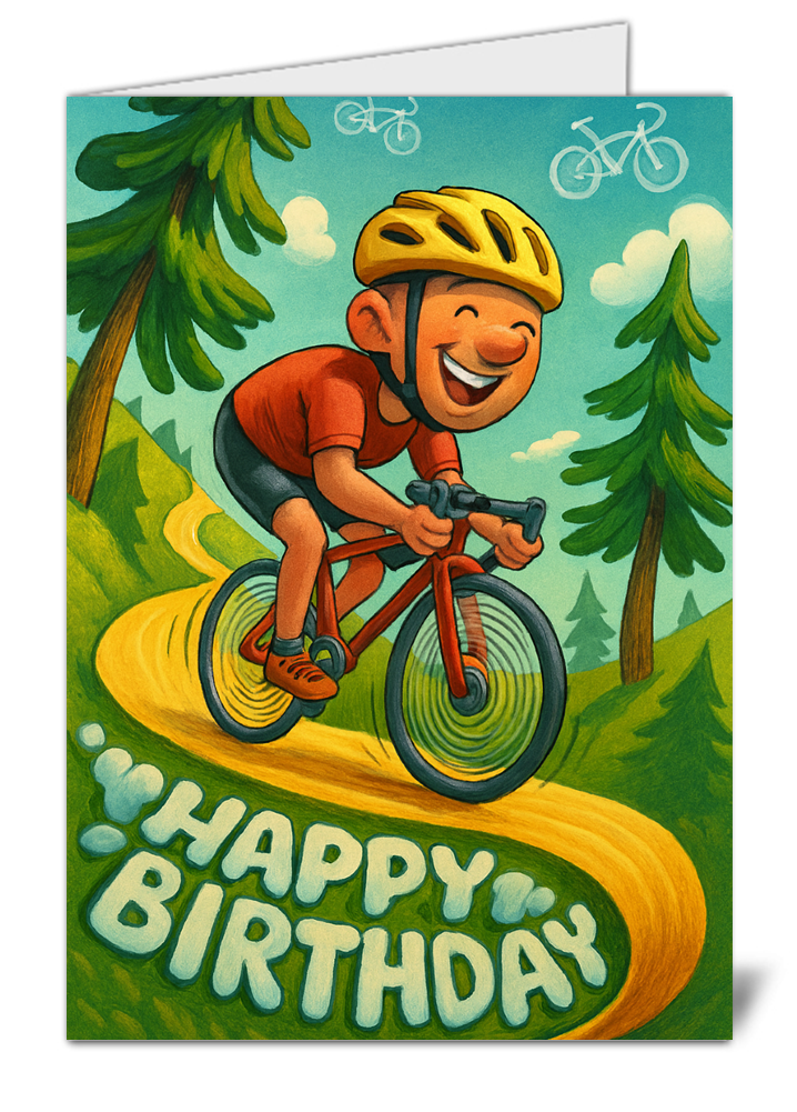 Cartoon bike ride athletics themed happy birthday card 548 cartoon bike ride athletics themed happy birthday card high quality gloss birthday card 548 | uk wide print