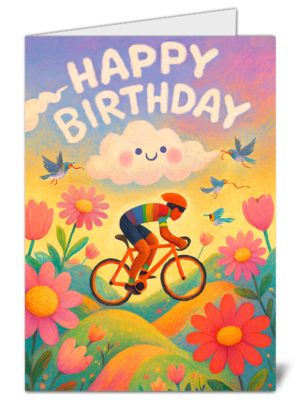 Cartoon Bike Ride Floral Themed Happy Birthday Card - High Quality Gloss Birthday Card 550