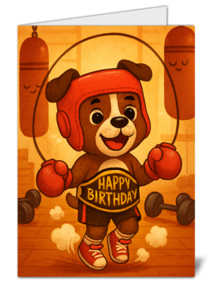 cute cartoon dog boxing themed happy birthday card   high quality gloss birthday card 561 | uk wide print