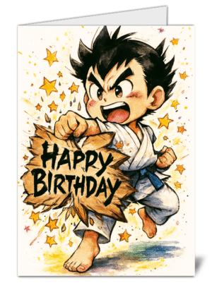 cartoon kid martial arts themed happy birthday card   high quality gloss birthday card 582 | uk wide print