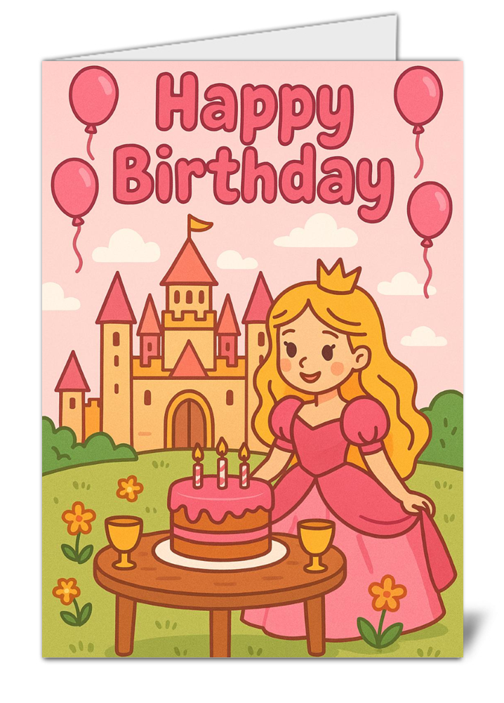 Cartoon princess & castle themed happy birthday card 104 cartoon princess castle themed happy birthday card high quality gloss birthday card 104 | uk wide print