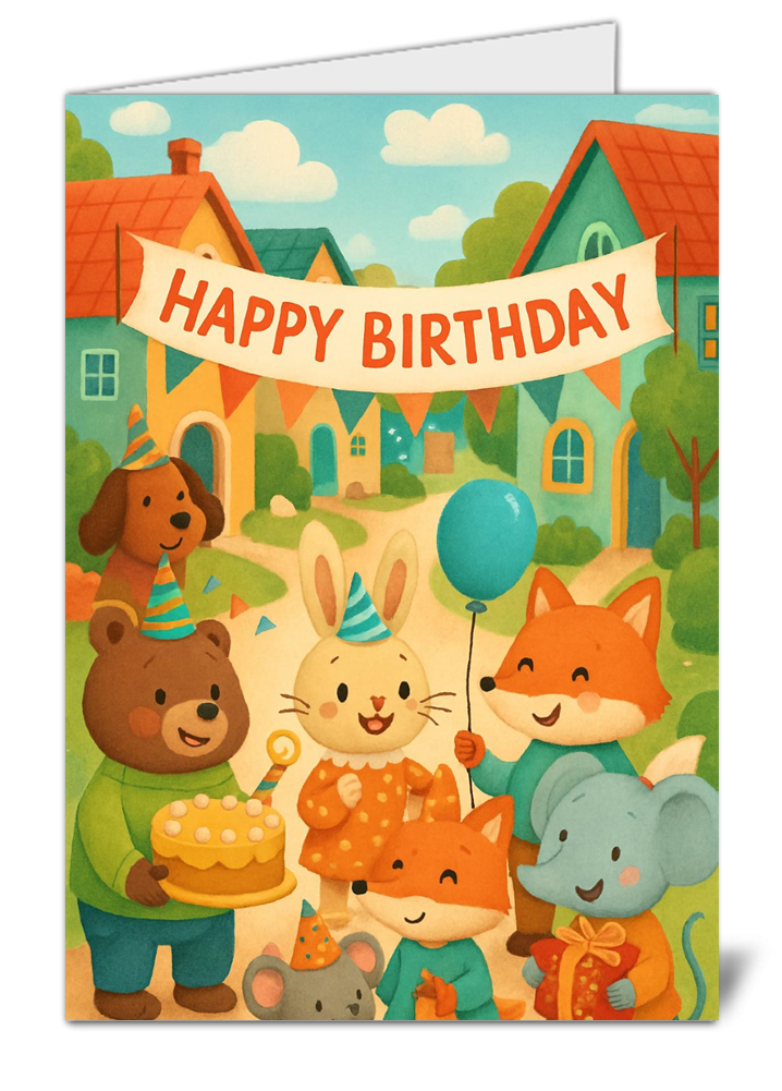 Cartoon animal party themed happy birthday card 107 cartoon animal party themed happy birthday card high quality gloss birthday card 107 | uk wide print