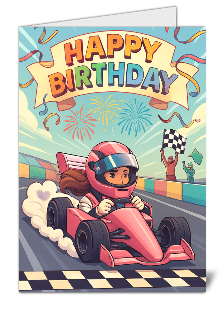 Cartoon girl racing themed happy birthday card 761 cartoon girl racing themed happy birthday card high quality gloss birthday card 761 | uk wide print