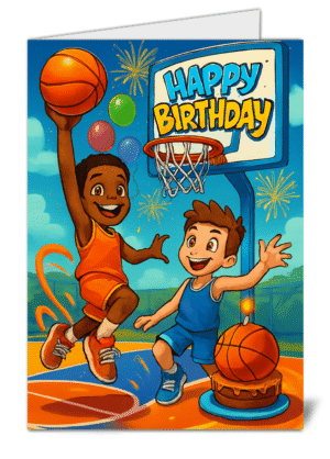 Cartoon Basketball Themed Happy Birthday Card - High Quality Gloss Birthday Card 763