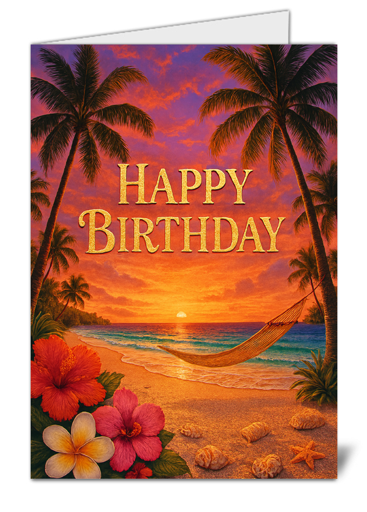 Sunset tropical beach oasis themed happy birthday card 907 sunset tropical beach oasis themed happy birthday card high quality gloss birthday card 907 | uk wide print