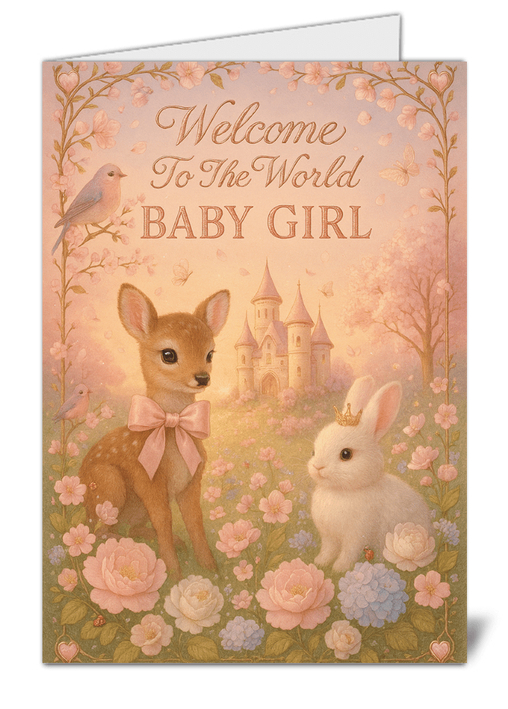 Cute animal welcome to the world baby girl themed card 996 cute animal welcome to the world baby girl themed card high quality gloss card 996 | uk wide print