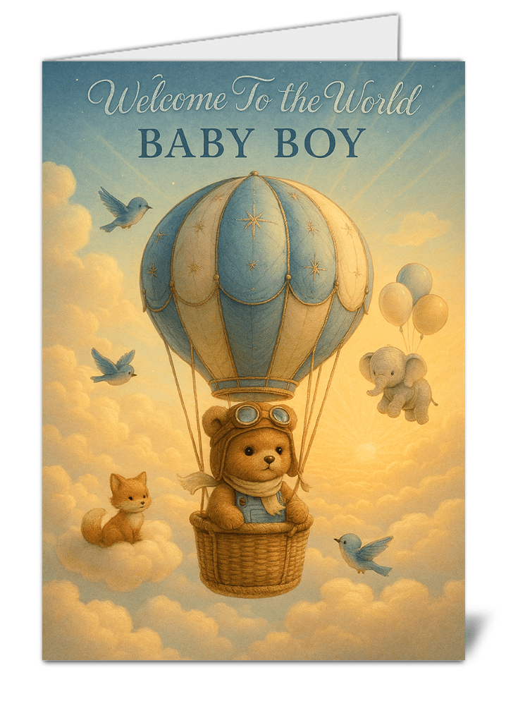 Cute hot air balloon welcome to the world baby boy themed card 997 cute hot air balloon welcome to the world baby boy themed card high quality gloss card 997 | uk wide print