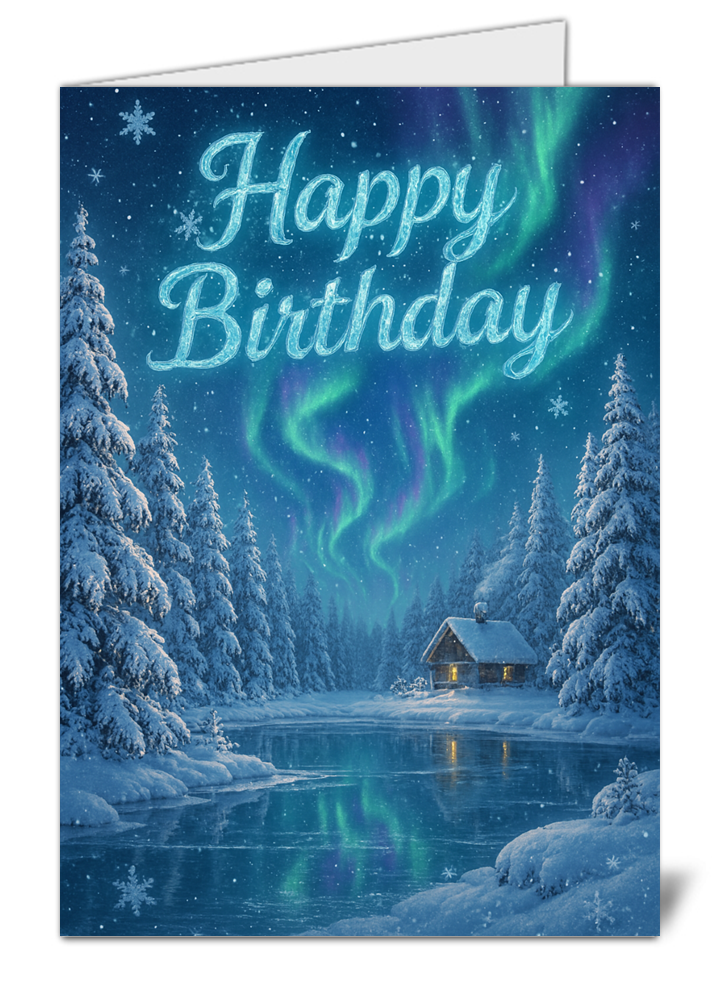 Winter wonderland under northern lights themed happy birthday card 908 winter wonderland under northern lights themed happy birthday card high quality gloss birthday card 908 | uk wide print