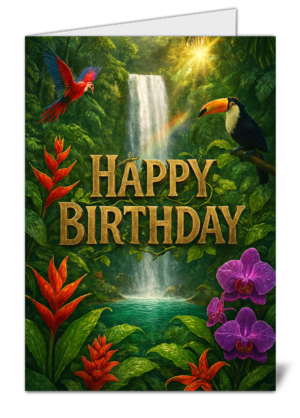 tropical rainforest waterfall paradise themed happy birthday card   high quality gloss birthday card 914 | uk wide print