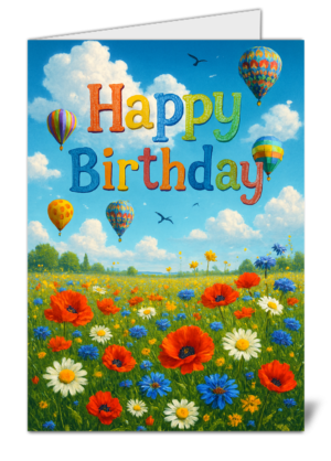 Rolling Green Meadows with Hot Air Balloons Themed Happy Birthday Card - High Quality Gloss Birthday Card 915
