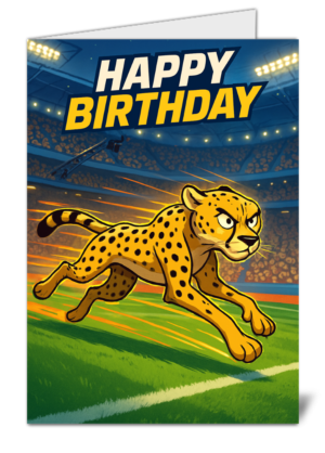 Cheetah Match-Day Sprint Themed Happy Birthday Card - High Quality Gloss Birthday Card 930