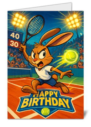 Rabbit Tennis Championship Themed Happy Birthday Card - High Quality Gloss Birthday Card 932