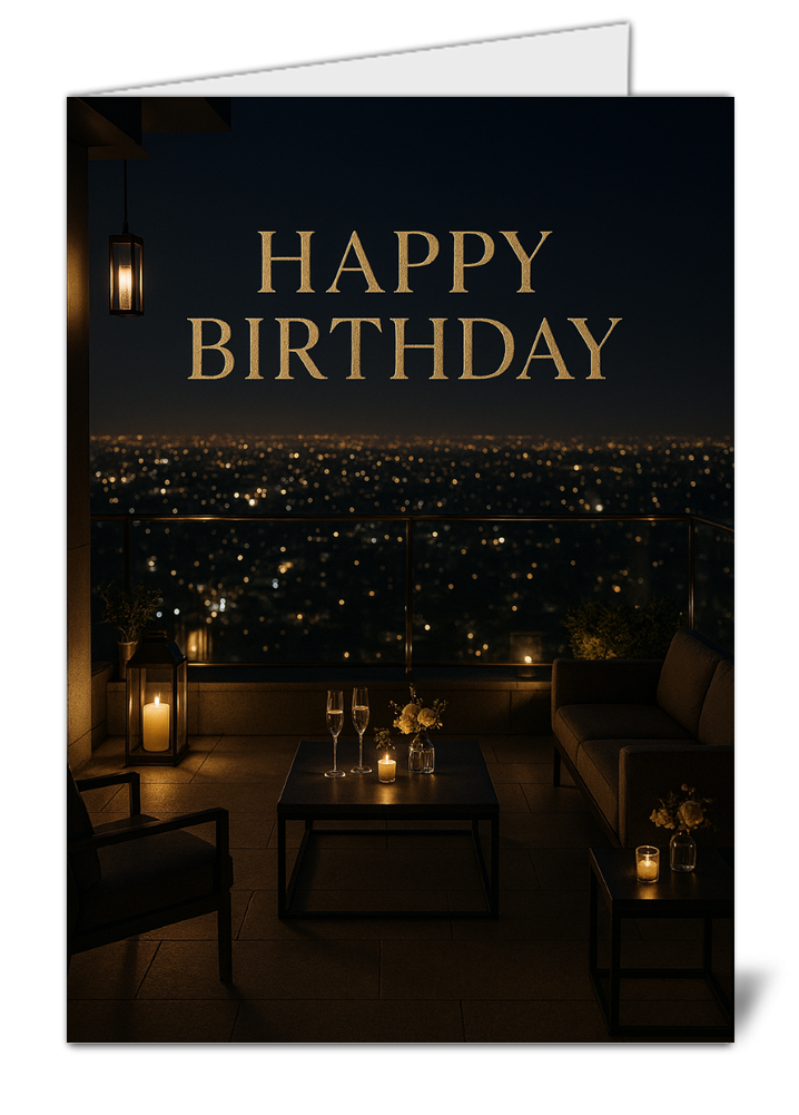 Luxury evening terrace themed happy birthday card 902 luxury evening terrace themed happy birthday card high quality gloss birthday card 902 | uk wide print