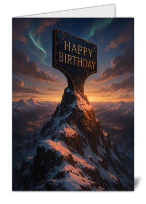 mountain of triumph and firelight themed happy birthday card   high quality gloss birthday card 956 | uk wide print
