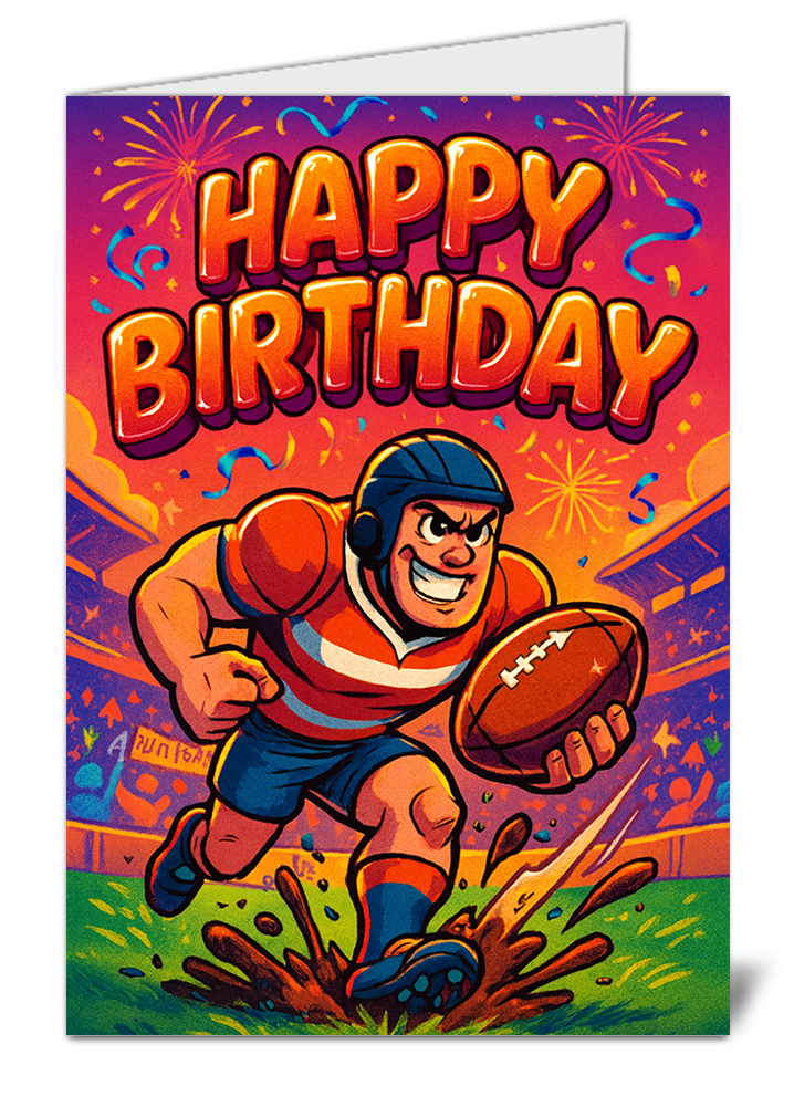 Funny Rugby Player Stadium Birthday Card – Cartoon Firework Card Design