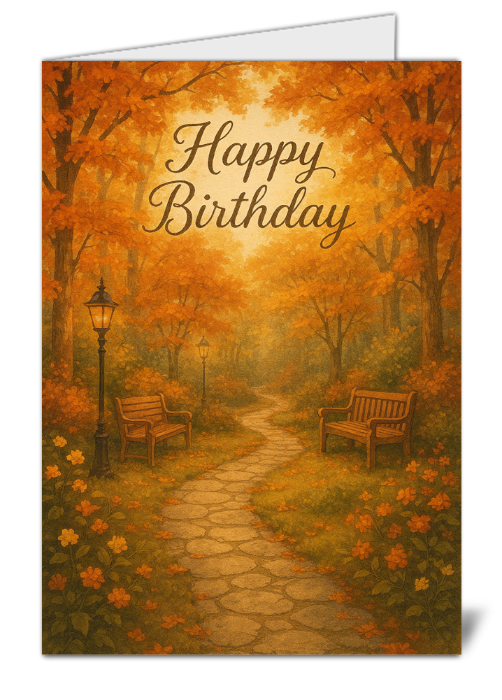 Autumn garden path themed happy birthday card 905 autumn garden path themed happy birthday card high quality gloss birthday card 905 | uk wide print