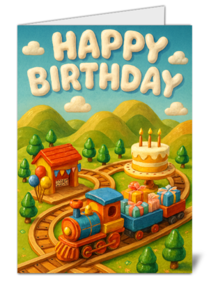 Toy train adventure celebration themed happy birthday card 982 toy train adventure celebration themed happy birthday card high quality gloss birthday card 982 | uk wide print