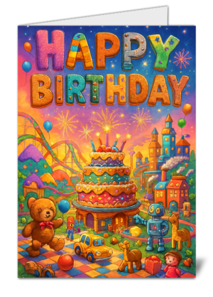 Whimsical toy land grand celebration themed happy birthday card 985 whimsical toy land grand celebration themed happy birthday card high quality gloss birthday card 985 | uk wide print