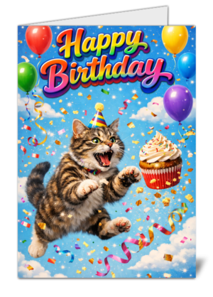 Cute Tabby Cat Flying Themed Happy Birthday Card – High Quality Gloss Birthday Card 1063