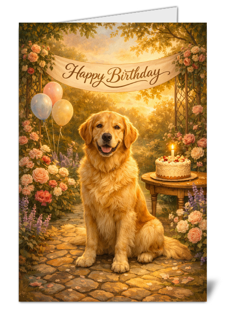 Golden Retriever Birthday Card | Dog Cake & Flowers UK375