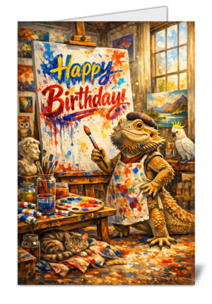 Bearded Dragon Artist Themed Pet Lovers Happy Birthday Card 1118