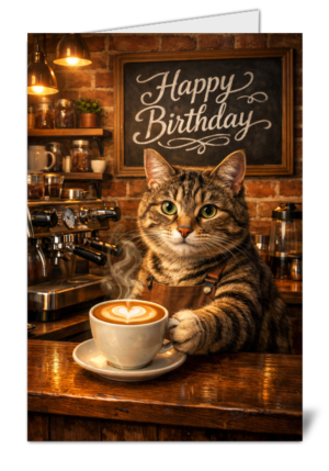 Barista Cat Themed Pet Lovers Happy Birthday Card 1130