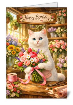 Cat Florist Themed Pet Lovers Happy Birthday Card 1131