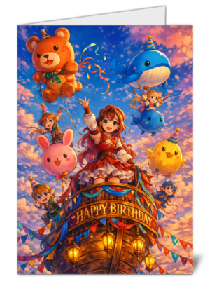 manga fantasy sky parade birthday card  anime girl balloons card design 437 | uk wide print