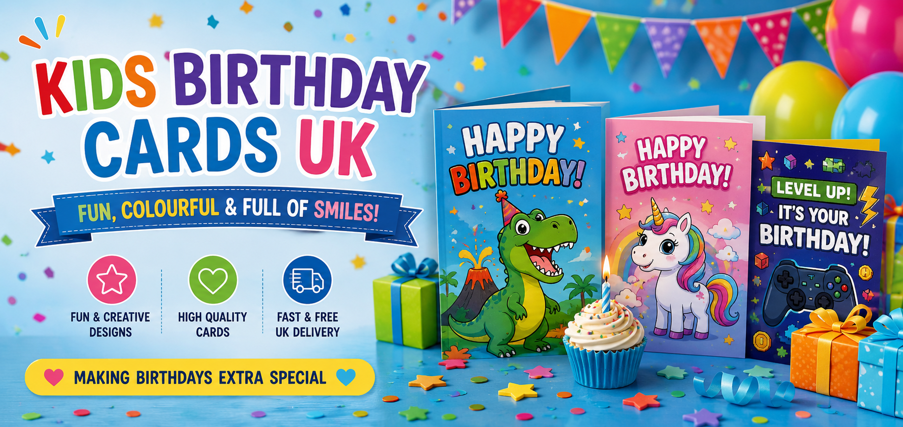 colourful kids birthday cards uk banner featuring dinosaur unicorn and gaming themed birthday cards with balloons and party decorations | uk wide print