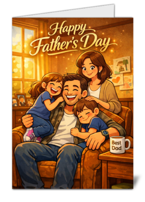 Father with two children and mother hugging him on a sofa for Father's Day celebration in a cozy living room.