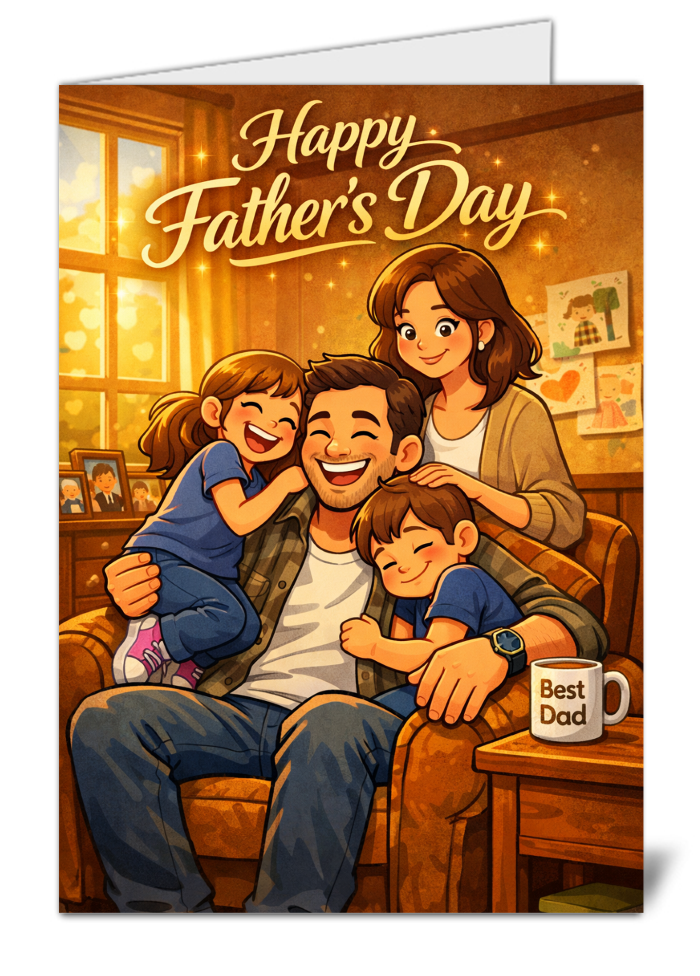 Fathers day sale pic 1152 father with two children and mother hugging him on a sofa for fathers day celebration in a cozy living room | uk wide print