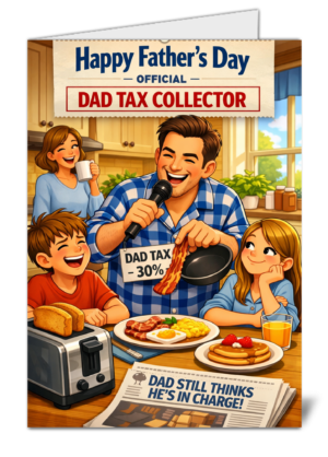 Cartoon Father’s Day scene: dad hosts breakfast with a 'Dad Tax Collector' banner above, family laughing in a bright kitchen with toast and pancakes.