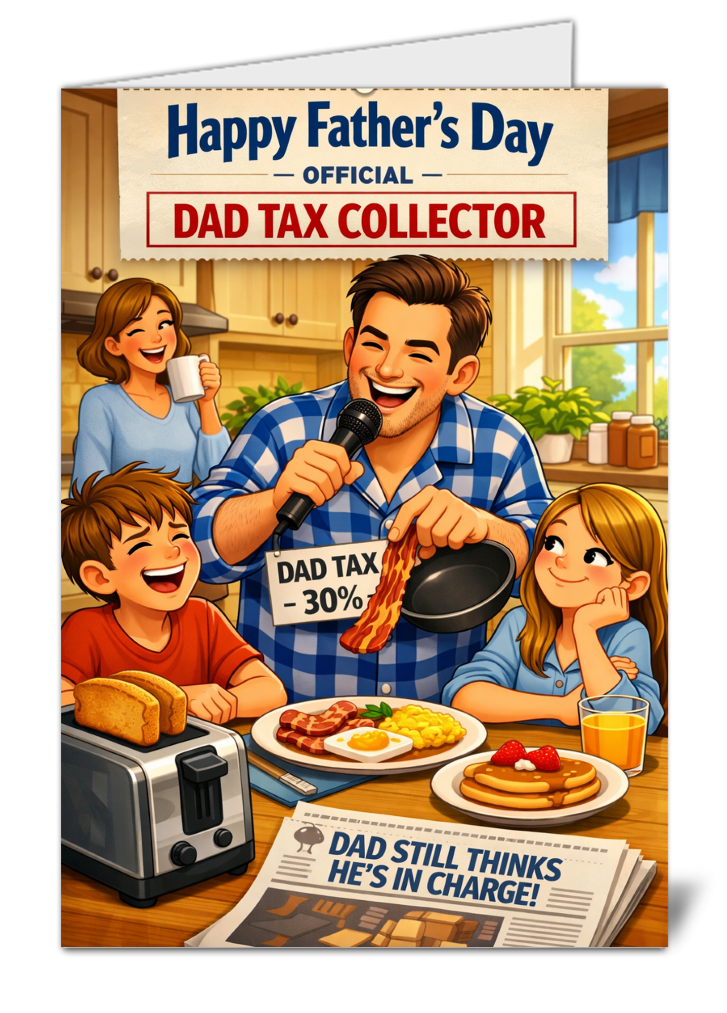 Fathers day sale pic 1153 cartoon fathers day scene dad hosts breakfast with a dad tax collector banner above family laughing in a bright kitchen with toast and pancakes | uk wide print