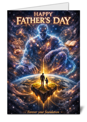 Father and child stand on a rocky cliff above Earth, surrounded by a cosmic figure and the text 'Happy Father's Day'.