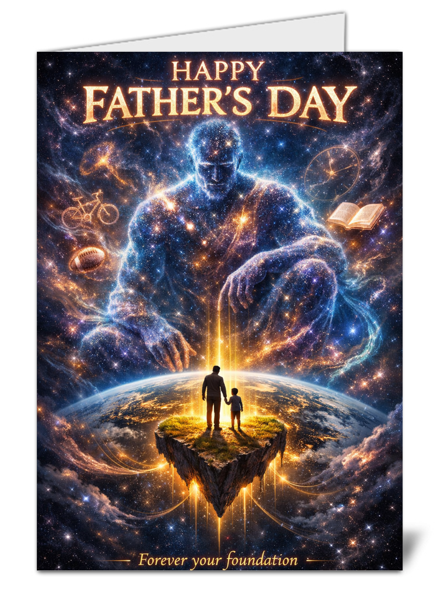 Fathers day sale pic 1154 father and child stand on a rocky cliff above earth surrounded by a cosmic figure and the text happy fathers day | uk wide print